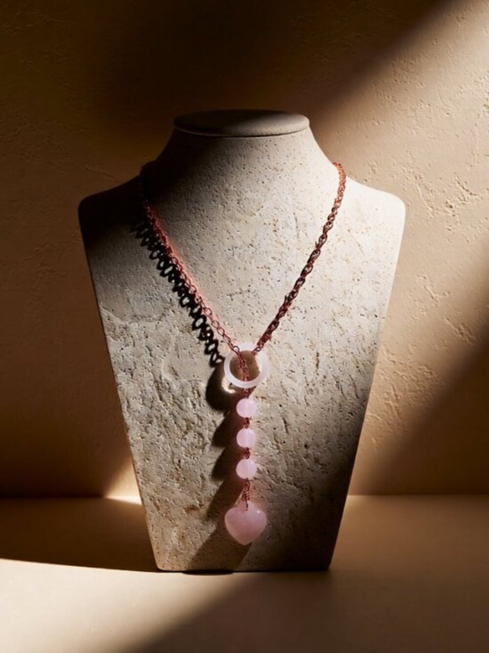 OOAK Rose Quartz Heart & Beads + Pink Agate & Copper Lariat Necklace - Handmade!